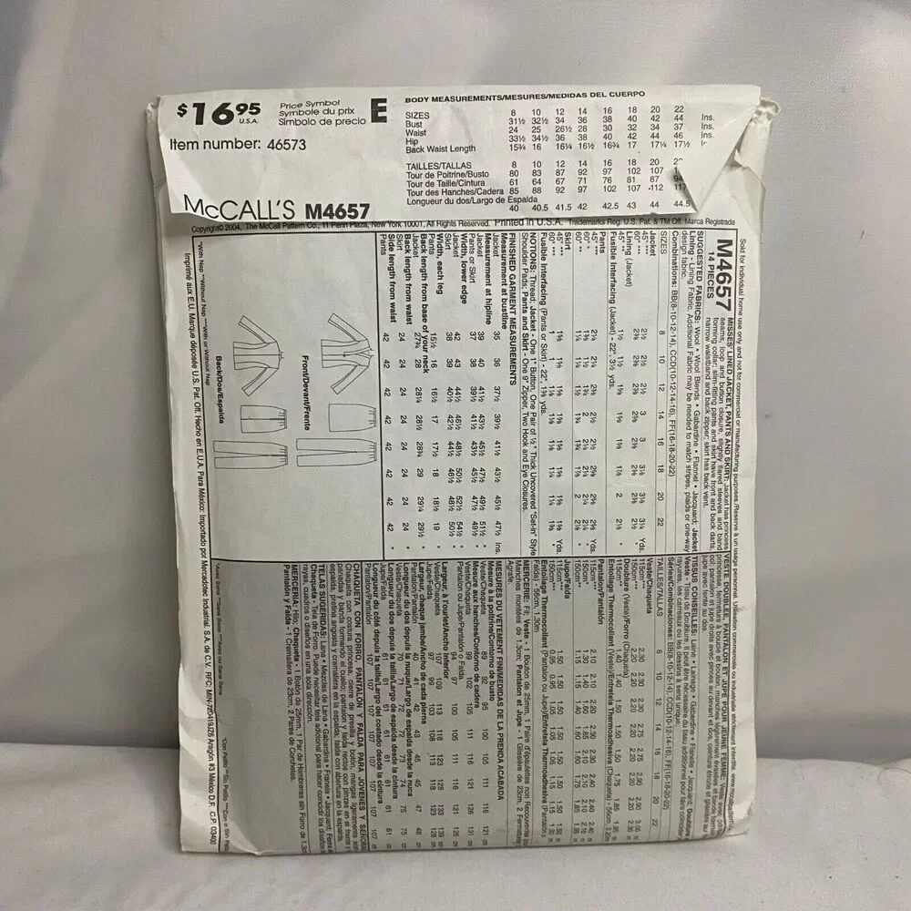 #M4657 McCalls Misses Lined Jacket Pants and Skirt Sewing Pattern SIZE 16-22